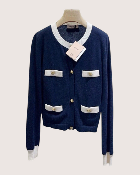 Miu Miu Wool Two-Tone Cardigan Navy, White FR 40