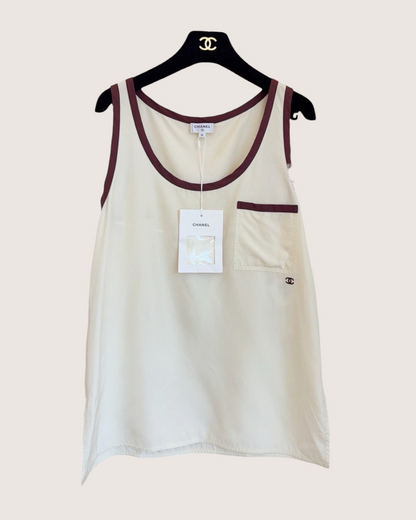 Chanel 26P Contrast-Trim Top Beige/Ecru, Burgundy FR 34