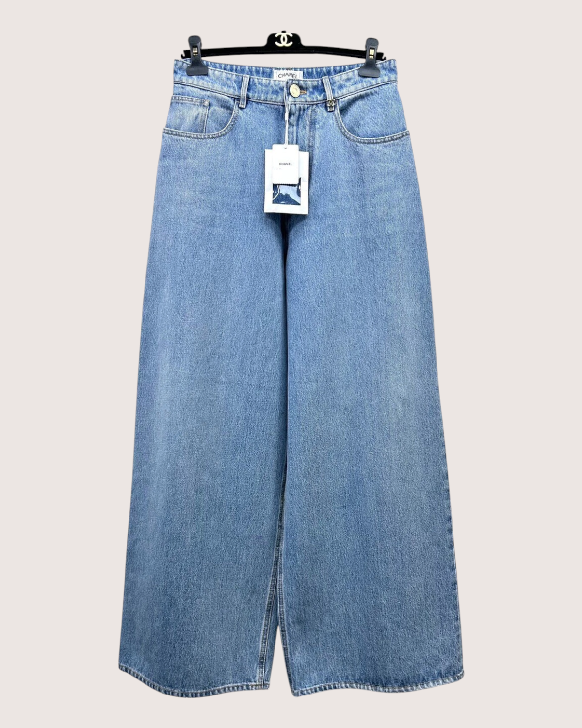 Chanel 26A Logo Denim Wide-Leg Jeans Blue FR 36