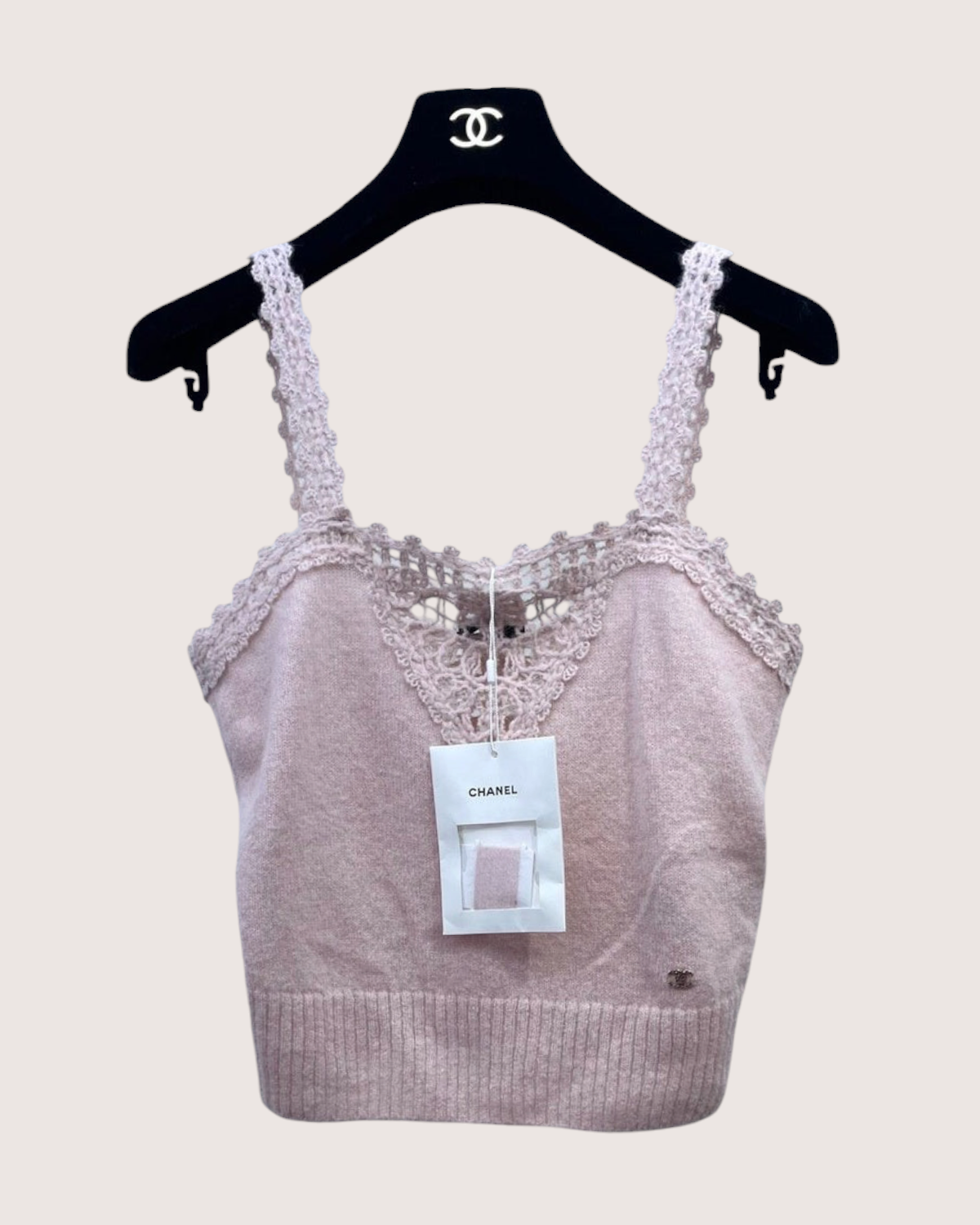 Chanel 25B Wool Crochet Strappy Top Pink, Beige/Ecru FR 34