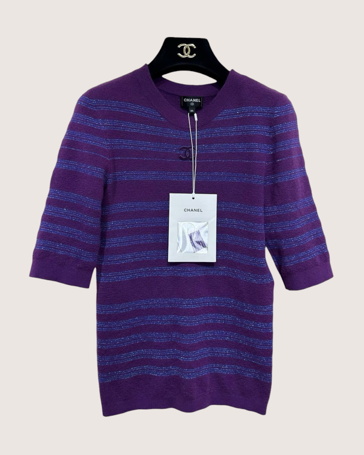 Chanel 23B Cashmere Striped Metallic Short-Sleeve Sweater Purple, Blue FR 38