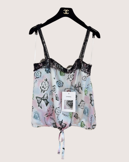 Chanel 25B Graphic Lace-Trim Camisole Top Blue, Black, Pink, Multicolor FR 36