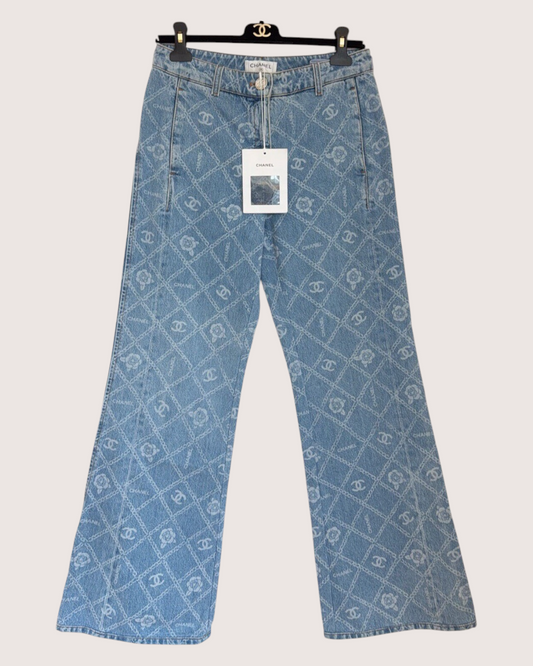 Chanel 23A Wide-Leg Denim Jeans Blue, White FR 38