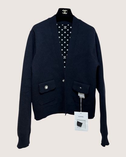 Chanel 24P Cashmere CC Cardigan Navy, White FR 38