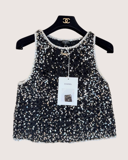 Chanel 23S CC Bow Sequin Vest Black, Silver, Multicolor FR 34