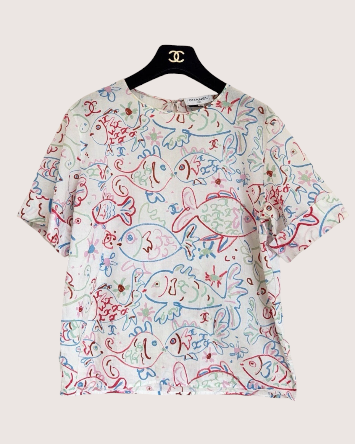 Chanel 25C Fish-Print Short-Sleeve Top White, Red, Blue, Multicolor FR 38