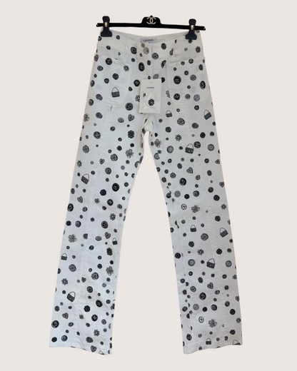 Chanel 25B Novelty-Print Straight-Leg Denim Jeans White, Black FR 38