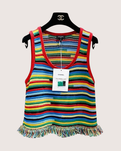 Chanel 26M Coco Beach Striped Fringe Crochet Tank Top Blue, Red, Green, Multicolor FR 36