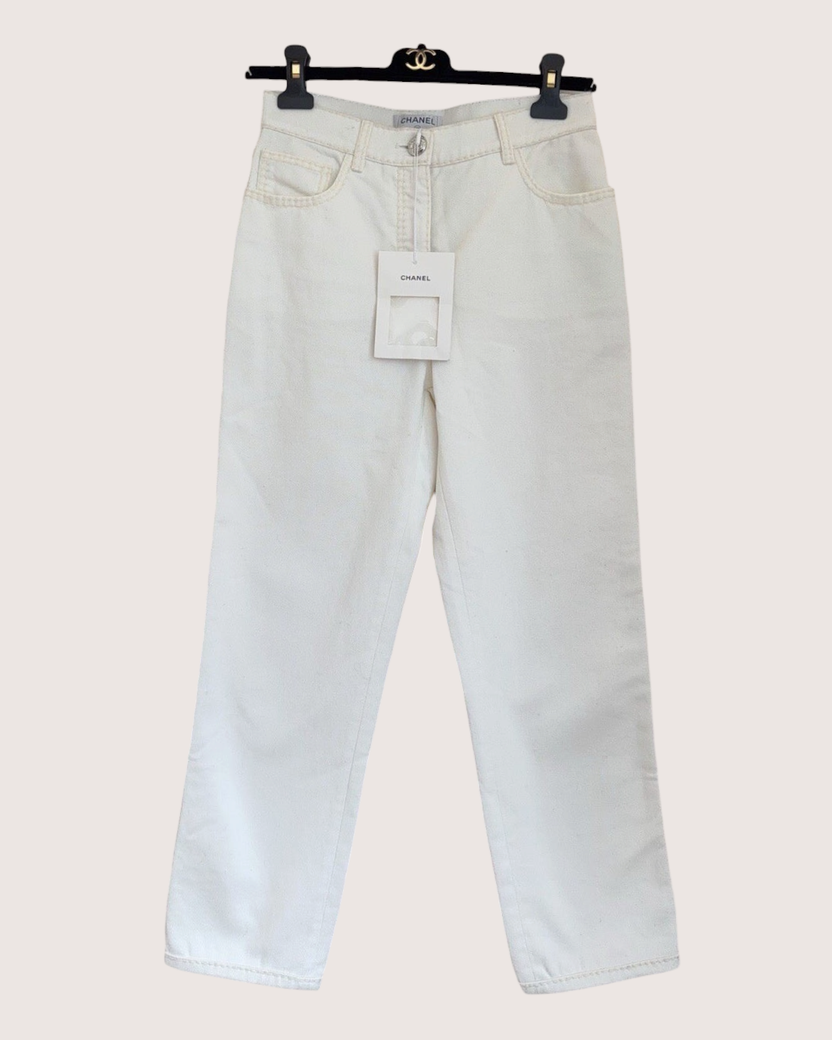 Chanel 24N Coco Neige CC Pocket Straight Denim Jeans Beige/Ecru FR 34