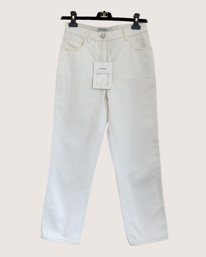 Chanel 24N Coco Neige CC Pocket Straight Denim Jeans Beige/Ecru FR 34