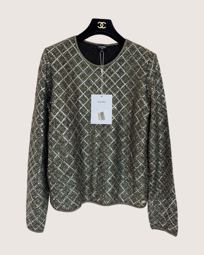 Chanel 20A Sequin Long-Sleeve Top Black, Gold, Silver FR 40