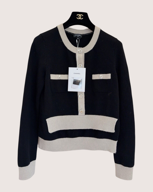 Chanel 25K Two-Tone Cardigan Black, Beige/Ecru FR 36