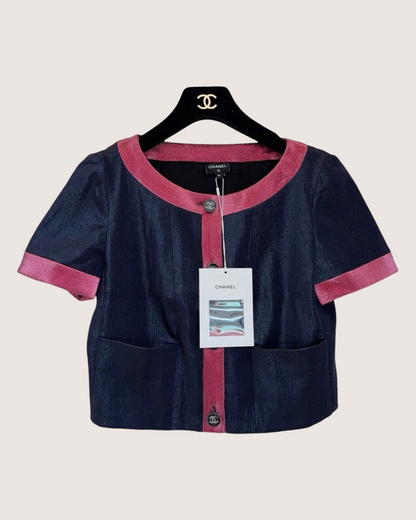 Chanel 22K Wool Two-Tone Short-Sleeve Jacket Navy, Pink FR 36