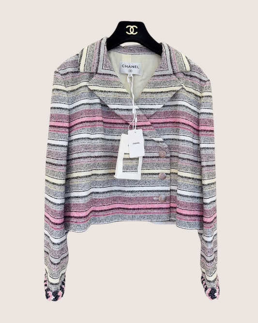 Chanel 24S Striped Tweed Jacket Pink, White, Grey, Multicolor FR 42