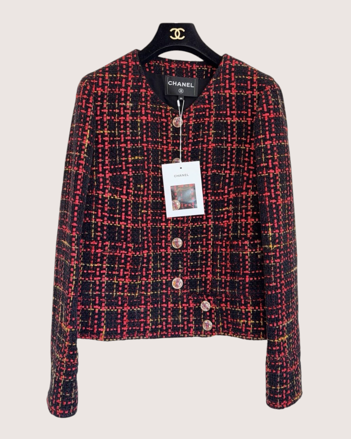 Chanel 22K Plaid Tweed Jacket Black, Red, Yellow FR 34