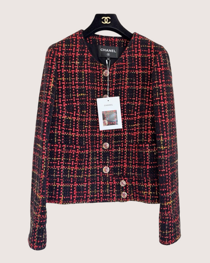 Chanel 22K Plaid Tweed Jacket Black, Red, Yellow FR 34