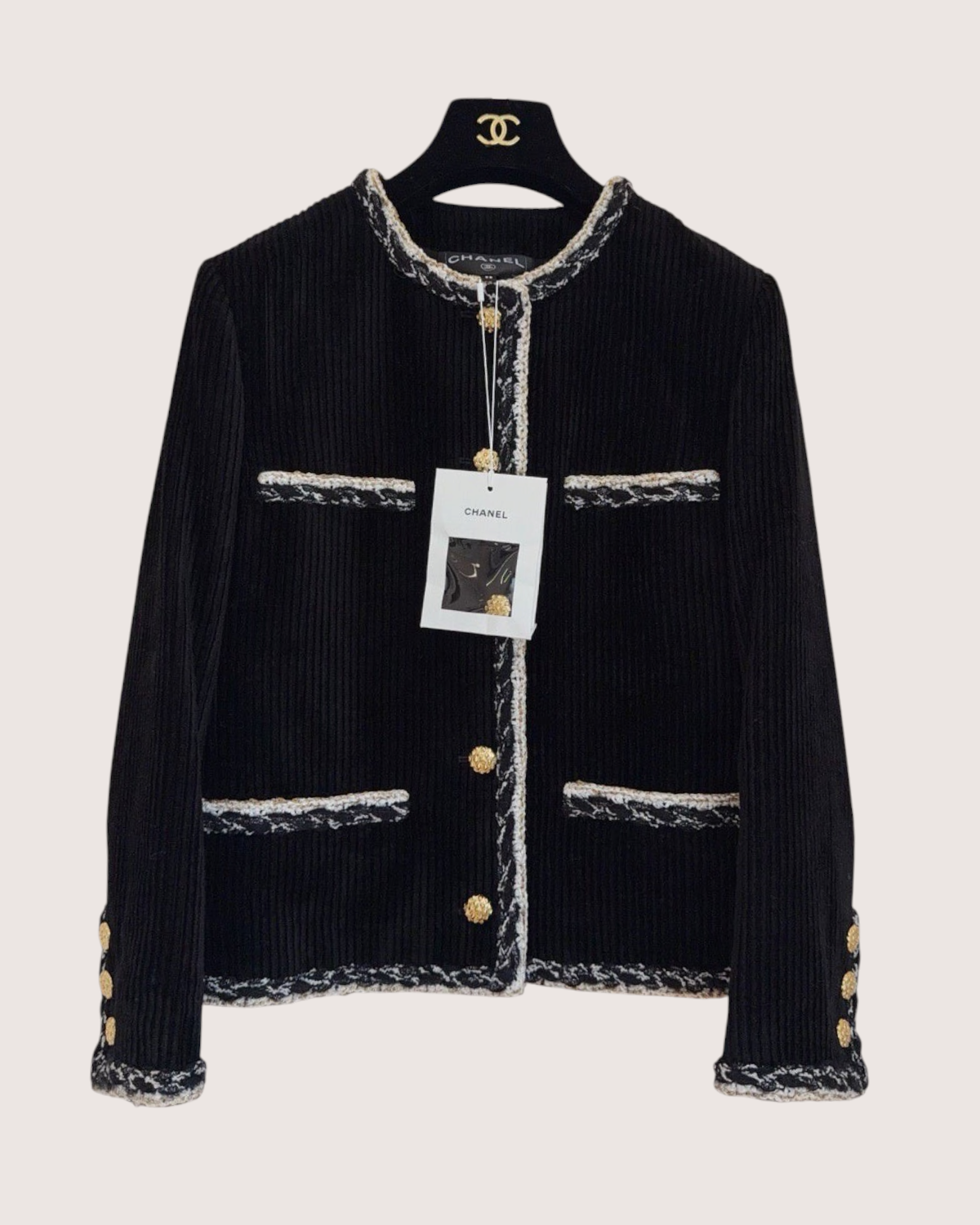 Chanel 25K Braided-Trim Four-Pocket Corduroy Jacket Black, Beige/Ecru FR 38