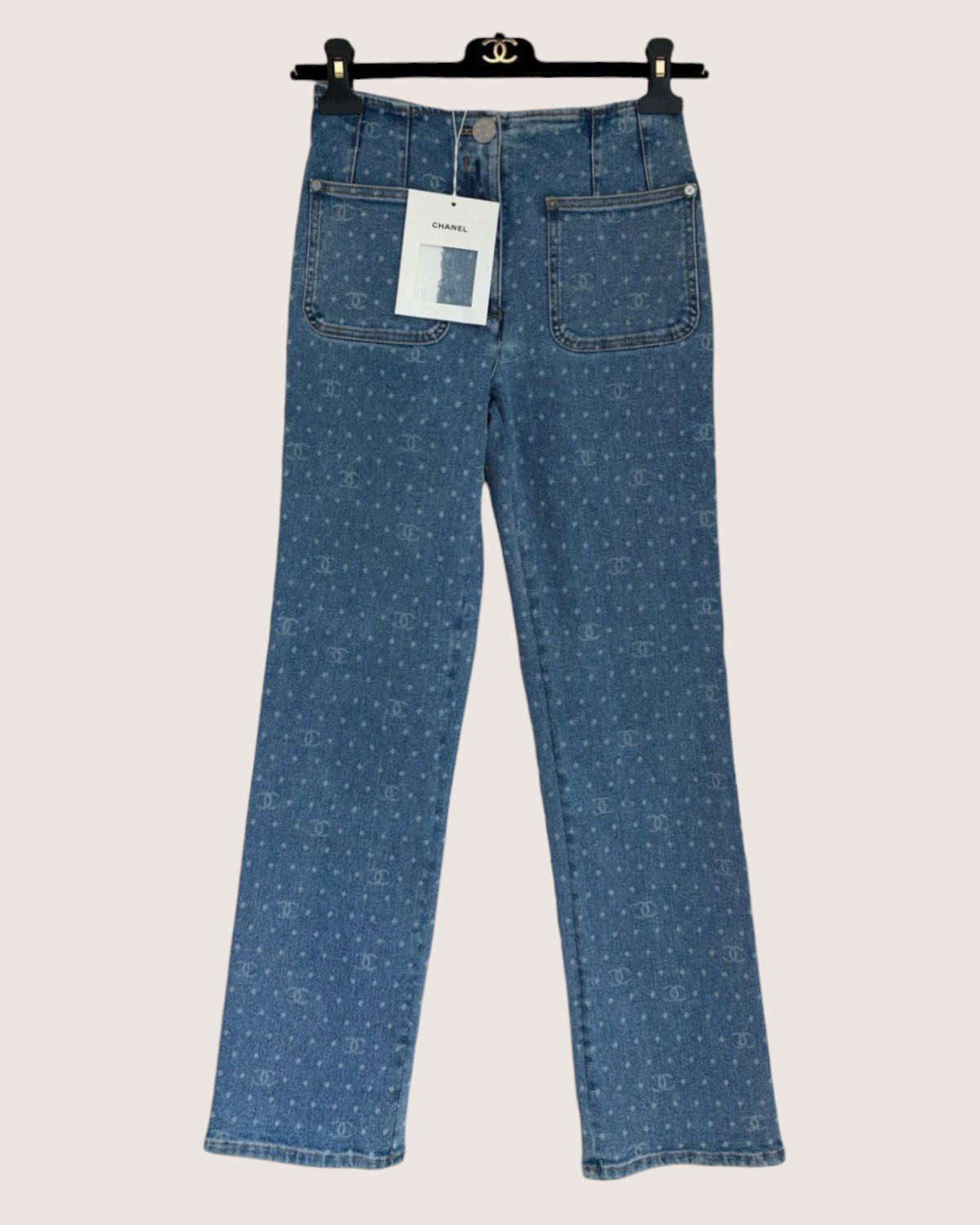 Chanel 23P CC Polka-Dot Straight Denim Jeans Blue FR 38