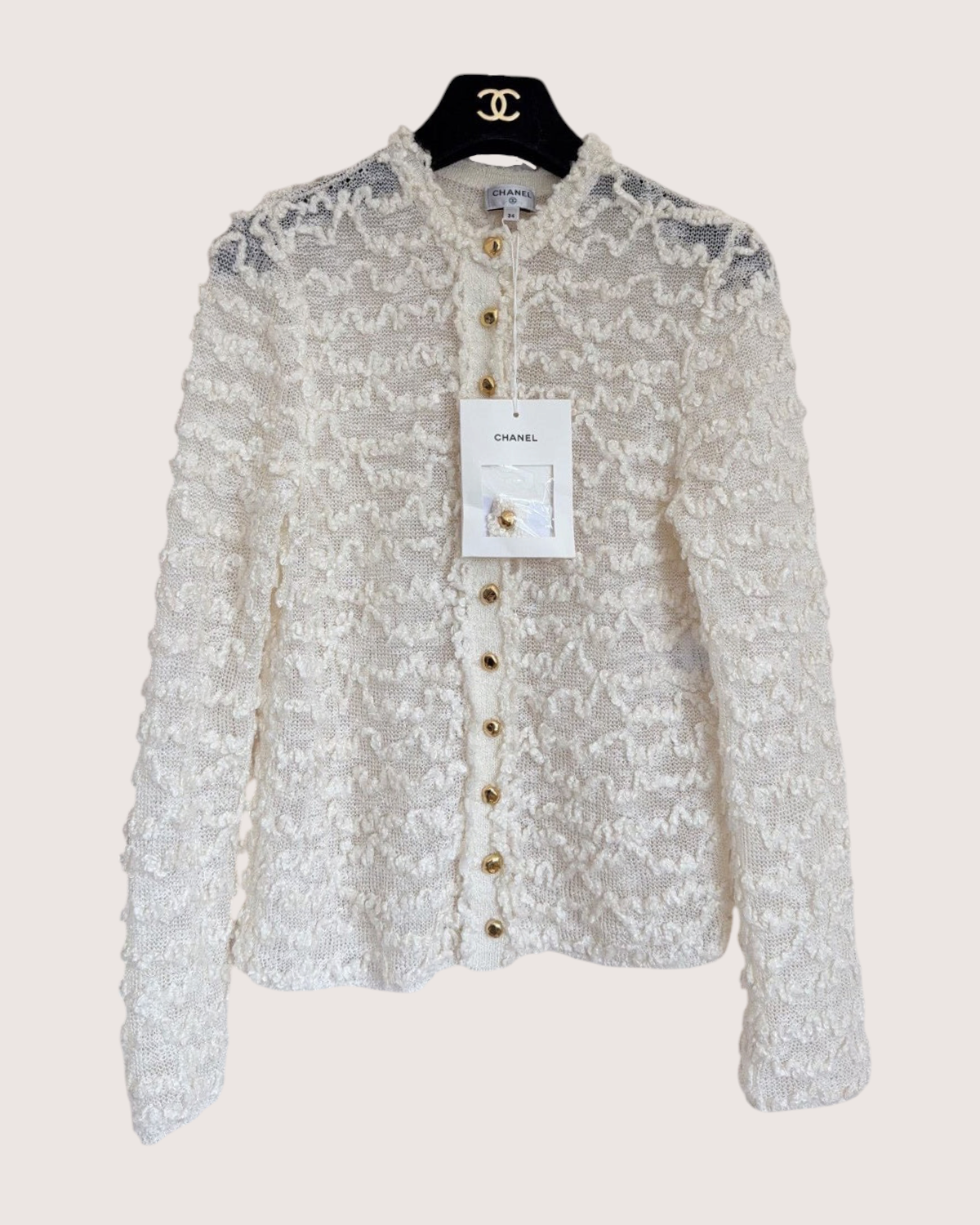 Chanel 26A Sheer Bouclé Cardigan Beige/Ecru FR 34
