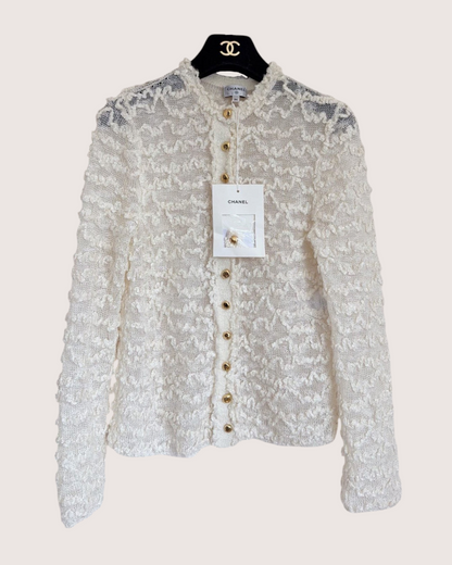 Chanel 26A Sheer Bouclé Cardigan Beige/Ecru FR 34