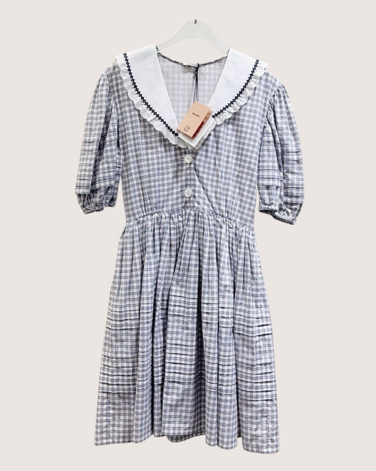 Miu Miu Checked Contrast-Collar Mid-Length Dress Blue, White, Navy IT 38