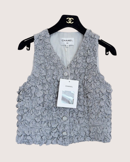 Chanel 24P Striped Ruffle Vest Grey, White FR 36