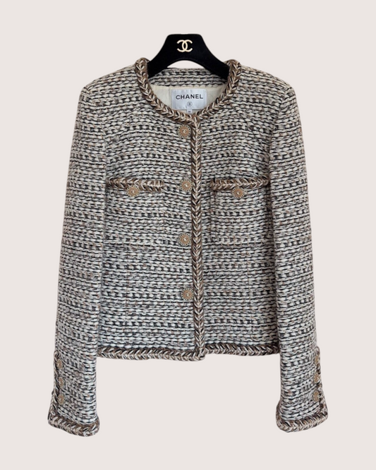 Chanel 18K Braided-Trim Two-Pocket Tweed Jacket Beige/Ecru, Black, Brown FR 36