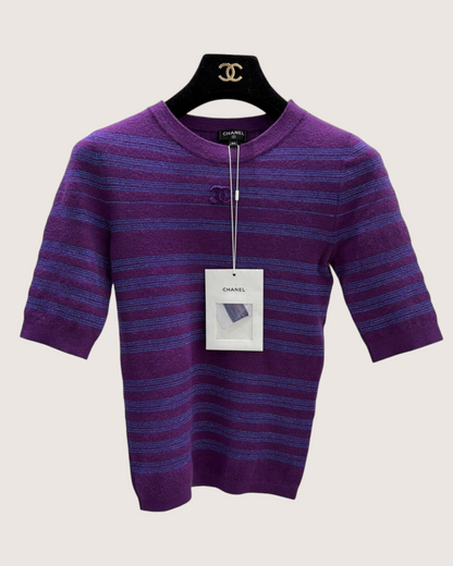 Chanel 23B Cashmere Striped Short-Sleeve Sweater Purple, Blue FR 34