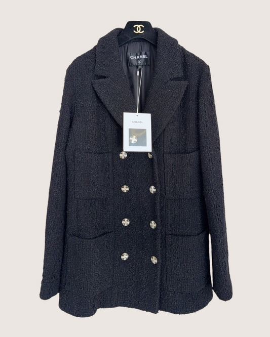 Chanel 23S Double-Breasted Tweed Coat Black FR 40