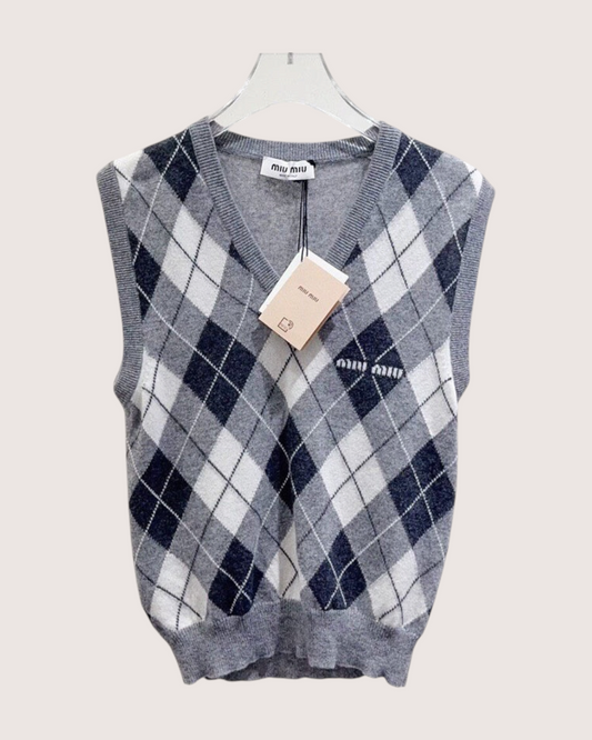 Miu Miu Cashmere Argyle Vest Grey, Navy, White FR 40