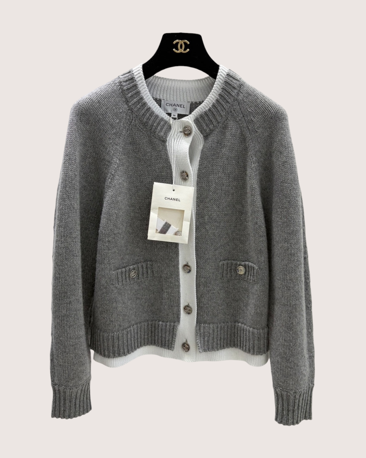 Chanel 26P Cashmere Cardigan Grey, White FR 36
