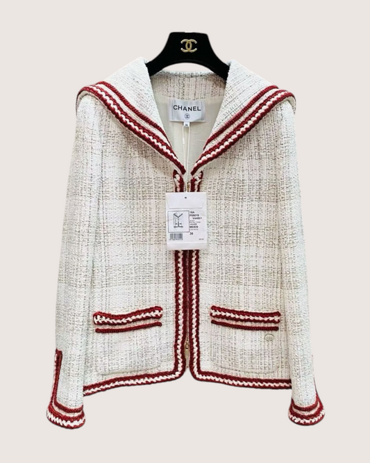 Chanel 18A Tweed Jacket Beige/Ecru, Red, White FR 36