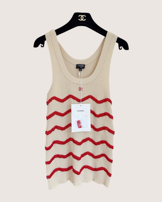 Chanel 26M Coco Beach Wave-Stripe Tank Top Beige/Ecru, Red FR 38
