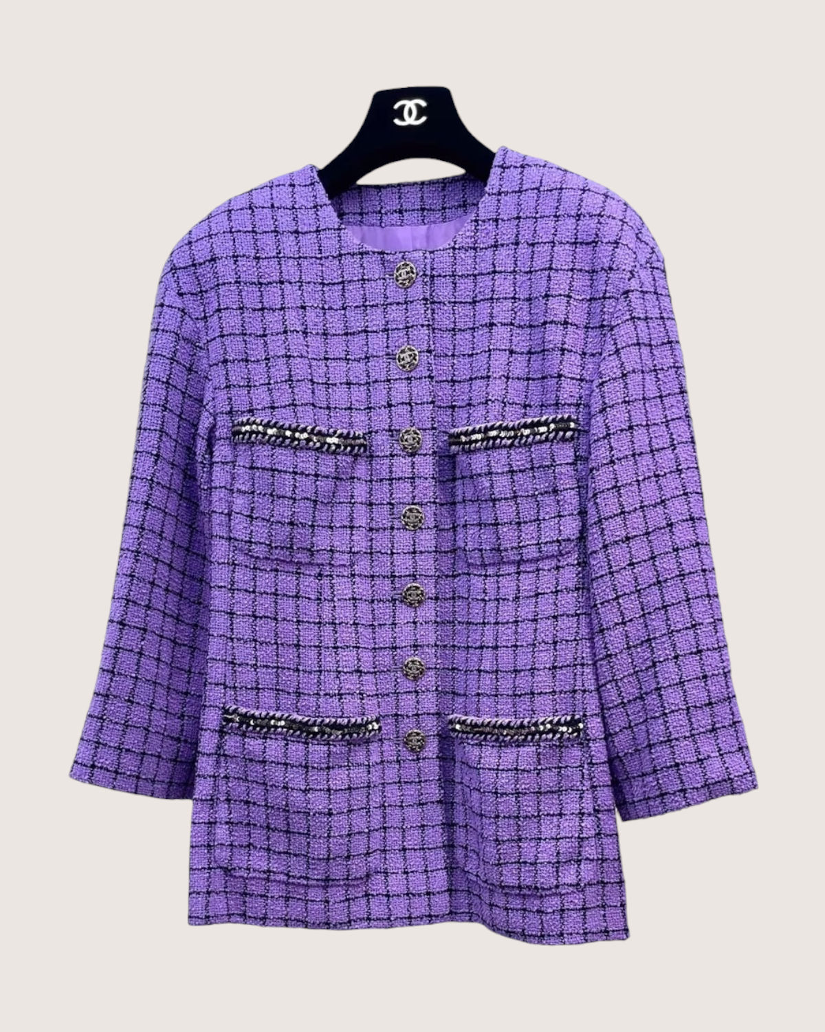 Chanel 22S Plaid Four-Pocket Tweed Jacket Purple, Black FR 38