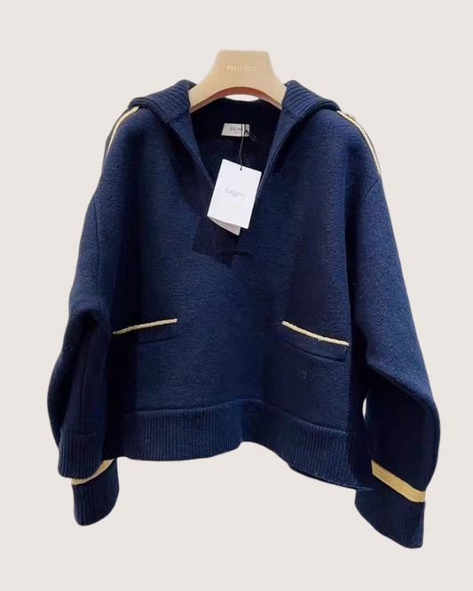 Celine Wool Embroidered Pocket Sweater Navy, Gold FR 38