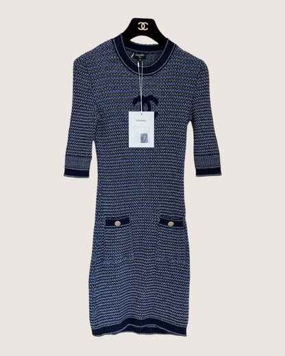 Chanel 20P Chevron Mid-Length Dress Navy, Blue, Beige/Ecru FR 36
