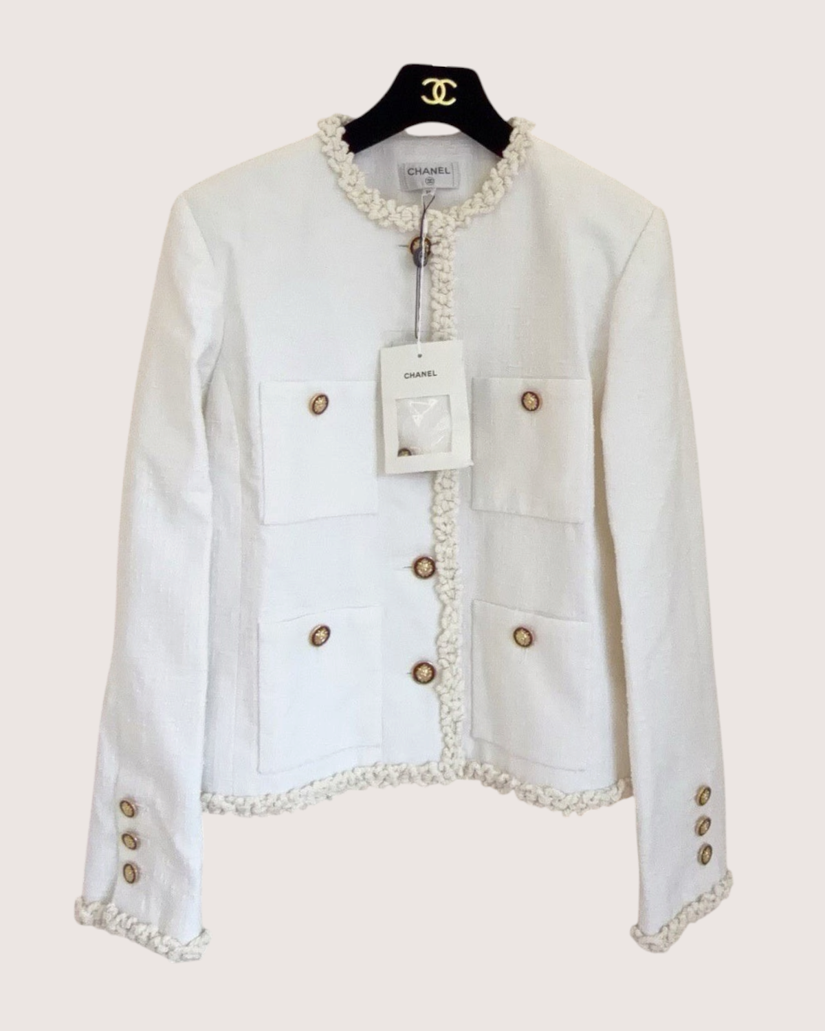 Chanel 26A Tweed Fringe-Trim Jacket White, Beige/Ecru FR 36