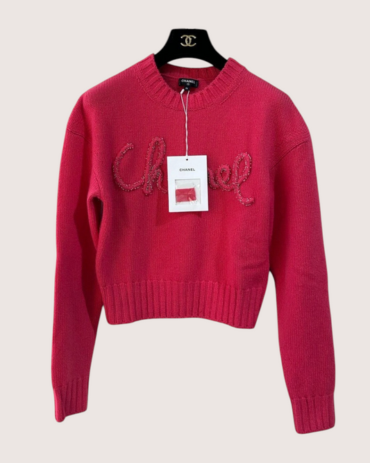 Chanel 20B Logo Cashmere Sweater Pink FR 34