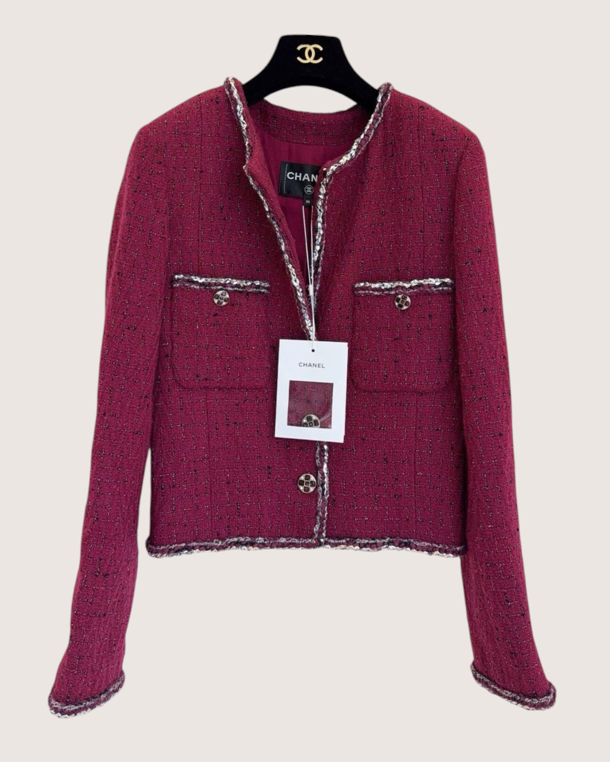 Chanel 22A Tweed Jacket Burgundy, Silver FR 36