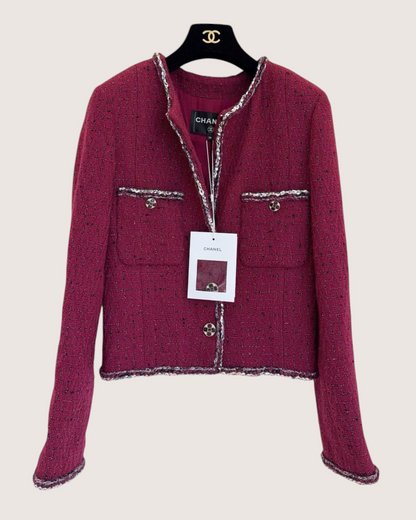 Chanel 22A Tweed Jacket Burgundy, Silver FR 36