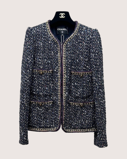 Chanel 21A Wool Sequin Tweed Jacket Navy, Gold, Multicolor FR 38