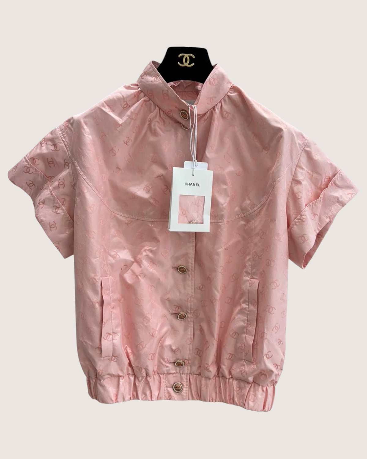 Chanel 26C Silk Cropped Logo CC Shirt Pink FR 36
