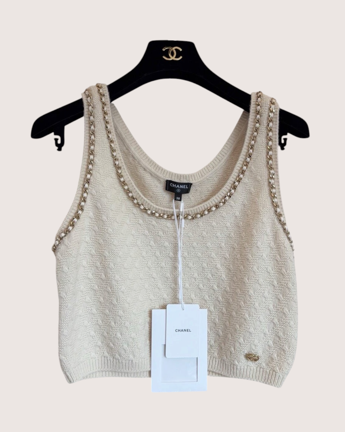 Chanel 23B Cashmere Chain-Trim Cropped Top Beige/Ecru, Gold FR 38