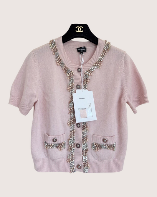 Chanel 22P Cashmere Pearl-Embellished Short-Sleeve Cardigan Pink, Silver FR 38