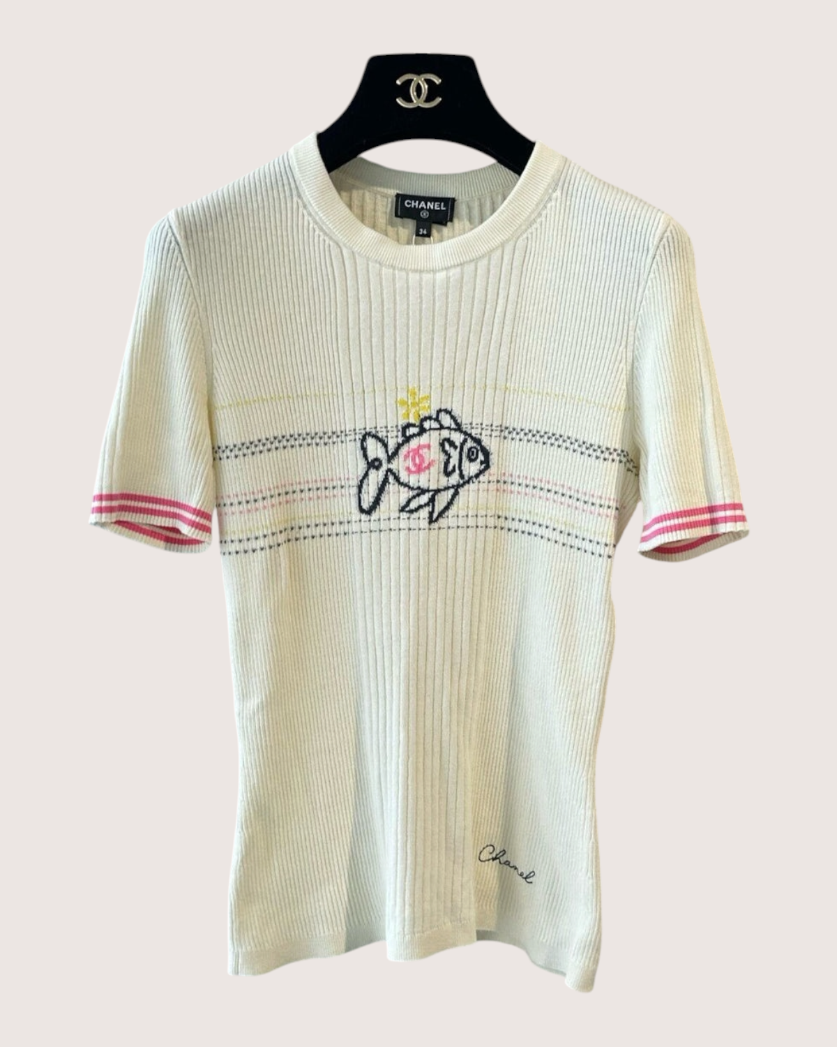 Chanel 25P Fish Motif Short-Sleeve Sweater Beige/Ecru, Pink, Black FR 34