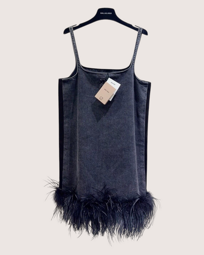Miu Miu Feather-Trim Denim Mini Dress Black IT 38