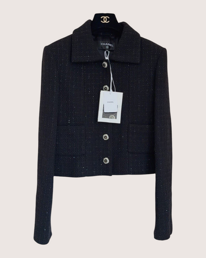 Chanel 25K Sequin Tweed Cropped Jacket Black, Silver FR 38
