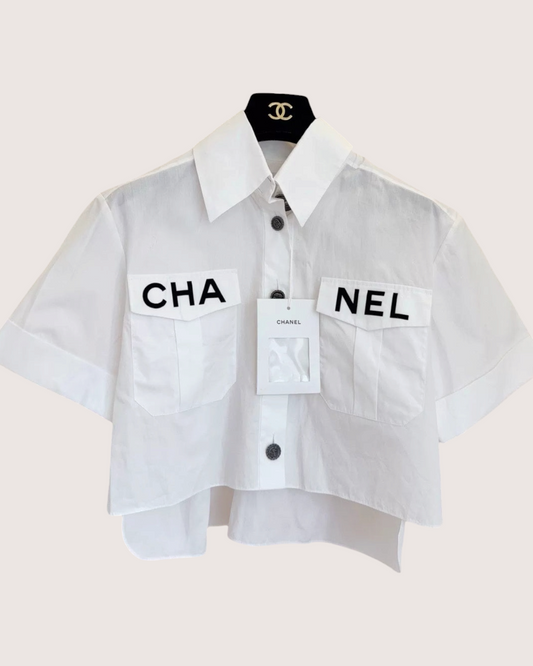 Chanel 19S Logo Short-Sleeve Pocket Shirt - White, Black