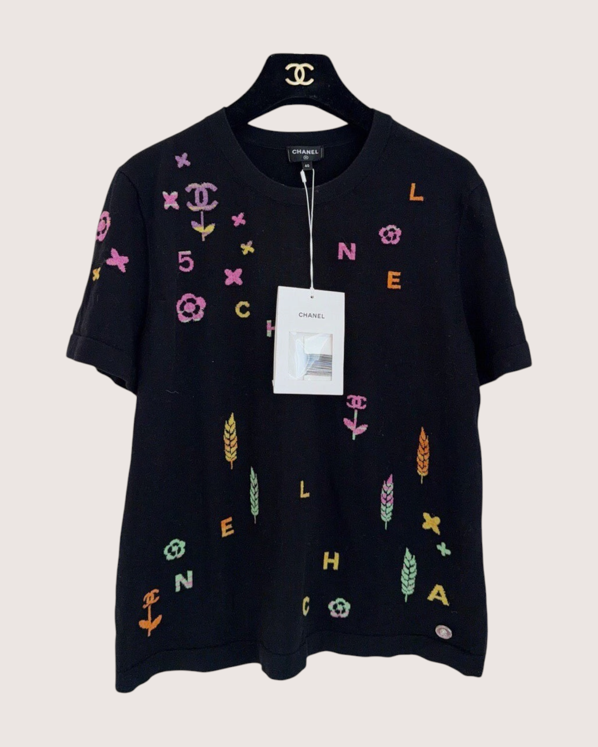 Chanel 22P Cashmere Logo Top Black, Multicolor FR 40