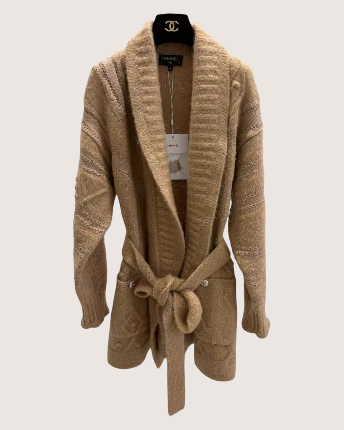 Chanel 23N Coco Neige Belted Long Cardigan Beige/Ecru FR 36